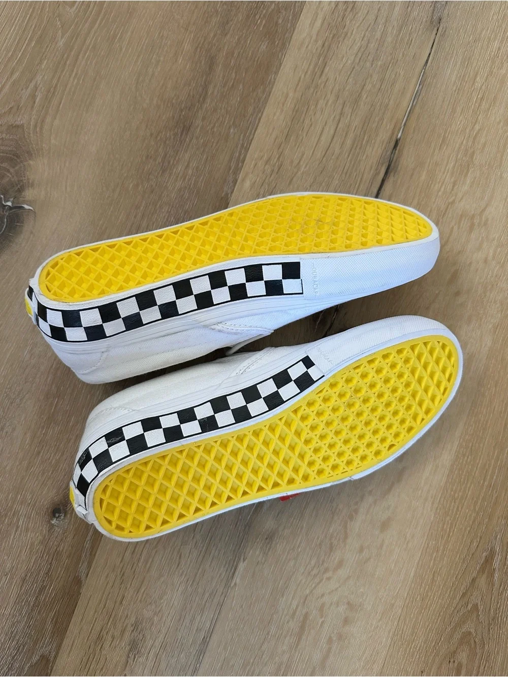 Vans White Checkerboard Slip-On Loafers with Yellow Soles